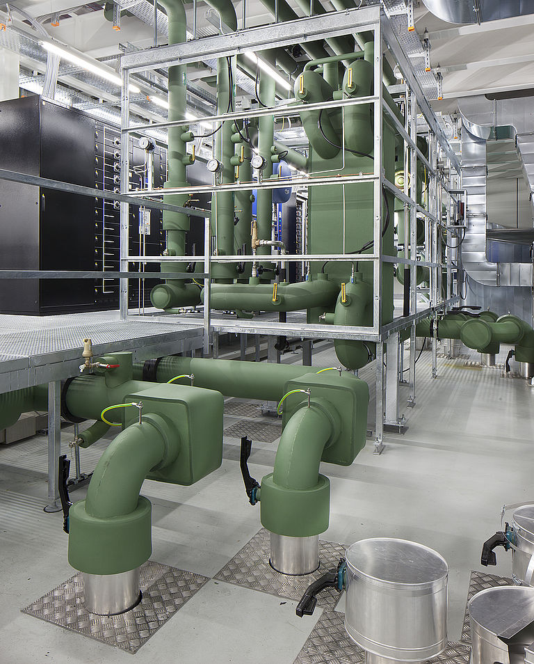 Cooling and electrical infrastructure in the distribution deck.