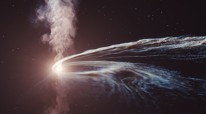 An illustration of a tidal disruption event. The debris stream comes from a star destroyed in the black hole’s gravitational field, and the arising illumination can be captured by telescopes.